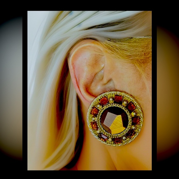 🍁VTG CHUNKY ROUND BLING AMBER CLIP-ON FASHION EARRINGS🍁 - Picture 2 of 6